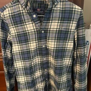Vineyard Vines Men's Navy and Green Plaid Shirt